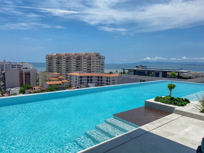 The infinity edge of the Desire rooftop pool, with Banderas Bay beyond