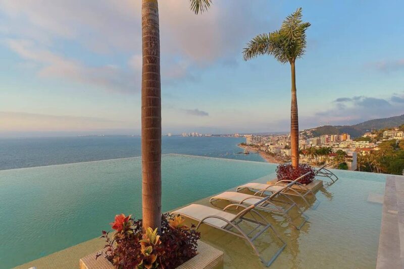 The Indah infinity pool, looking north along the coast to downtown Puerto Vallarta