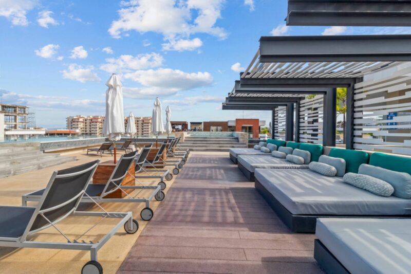 Day beds and loungers along the Loft 268 rooftop pool