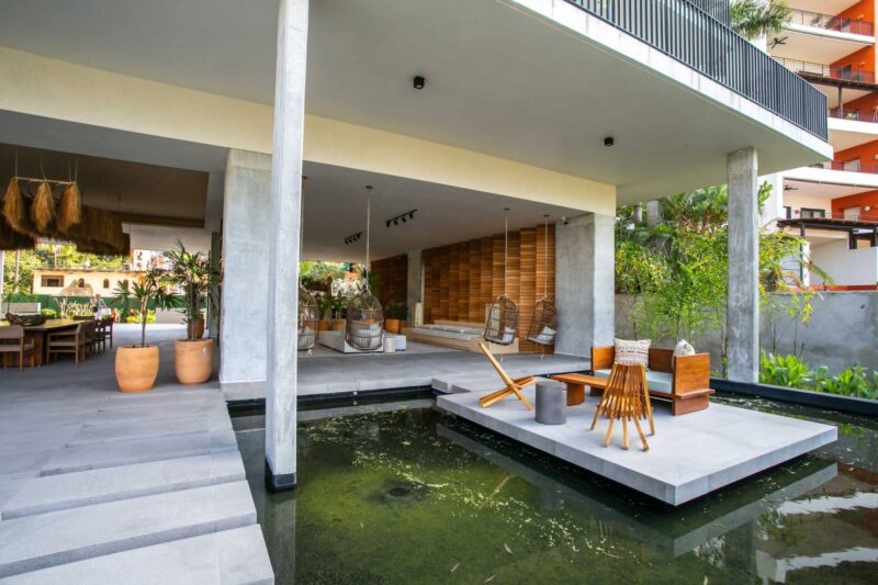The open-air lobby at Oasis at Rivera Cuale
