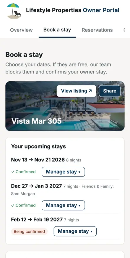Owner Portal on a phone: booking an owner stay, with upcoming stays and their status