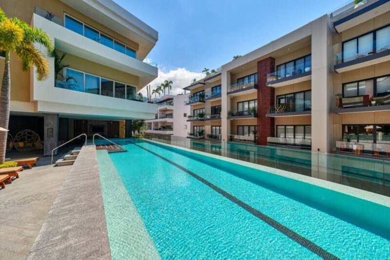 The long lap pool on the Pavilion fifth-floor terrace