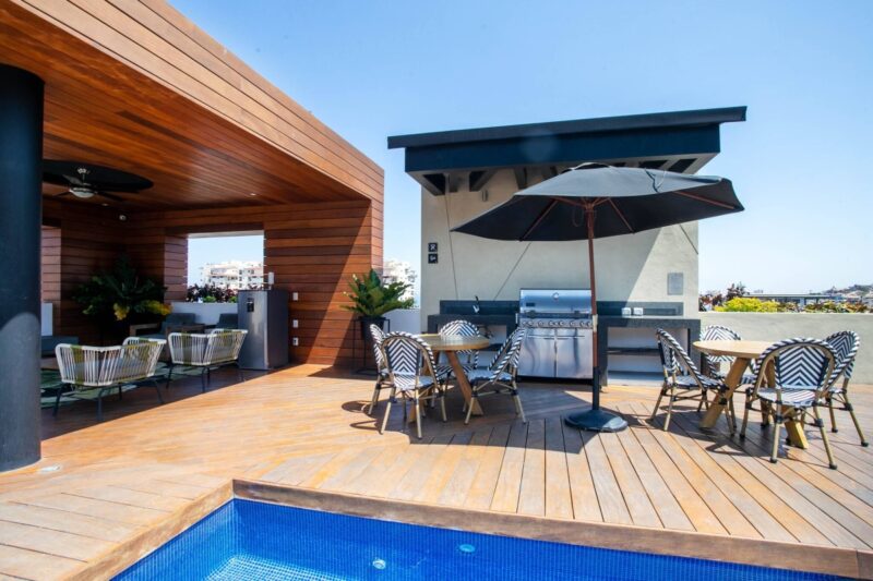 The BBQ and dining tables on the Pavilion rooftop