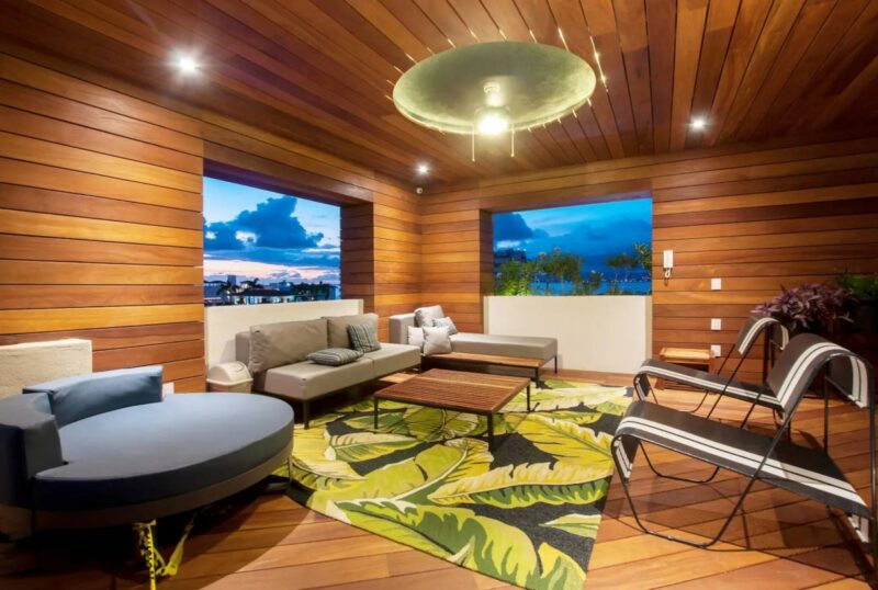 The wood-lined lounge on the Pavilion rooftop