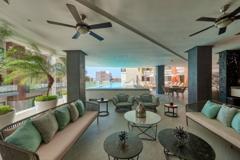 The shaded lounge beside the Pavilion lap pool