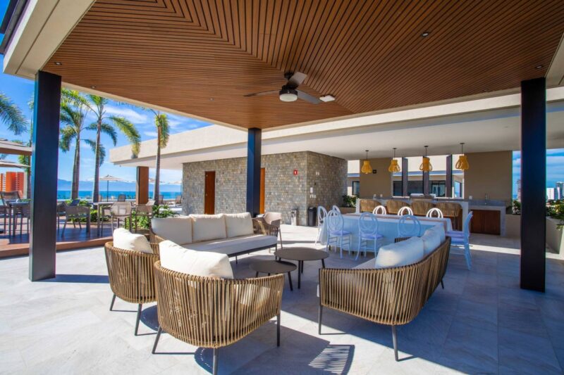 The covered lounge on the Roma Encore rooftop