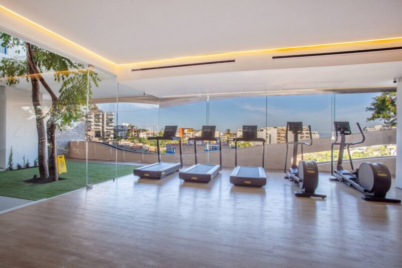 The Soho PV gym, with treadmills facing the city