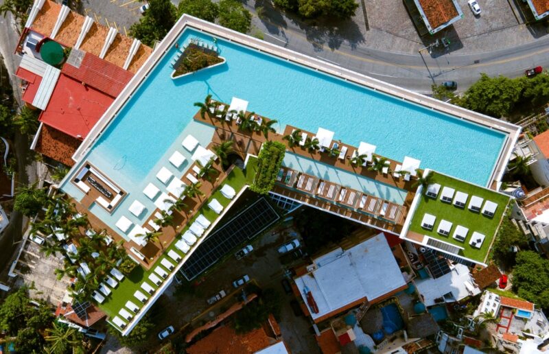 Aerial view of the Soho PV rooftop pool deck