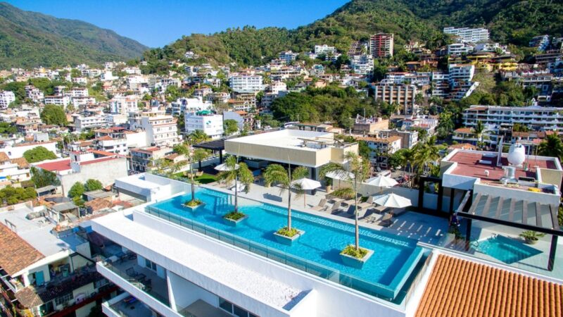 Aerial view of the Zenith rooftop pool above the Romantic Zone